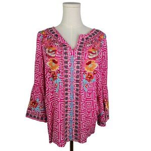 Soho Pink Moon Bay Top Medium Floral Embroidered Boho Artsy Pink Garden Girl